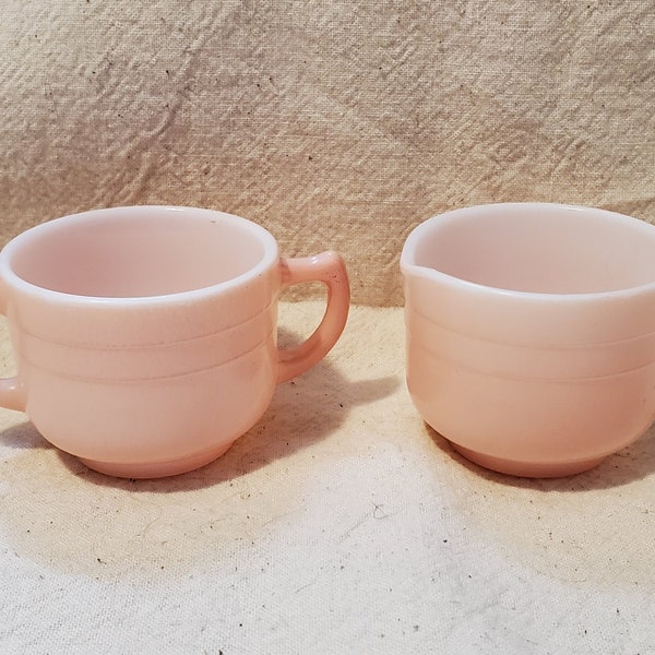 Hazel Atlas Moderntone Little Hostess Cream and Sugar, 1940s Childrens Dishes in Pastel Pink Fired On Color.