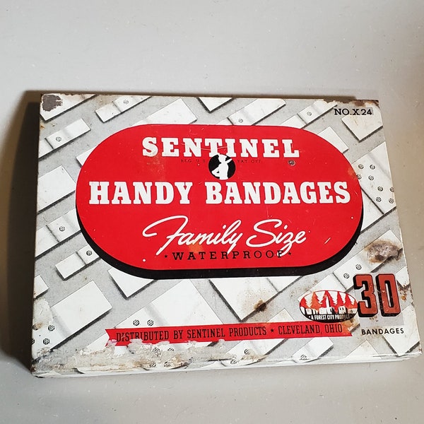 Vintage Sentinel Handy Bandages Tin, Sentinel Products, Family Size Tin, No x24 Made in Cleveland Ohio