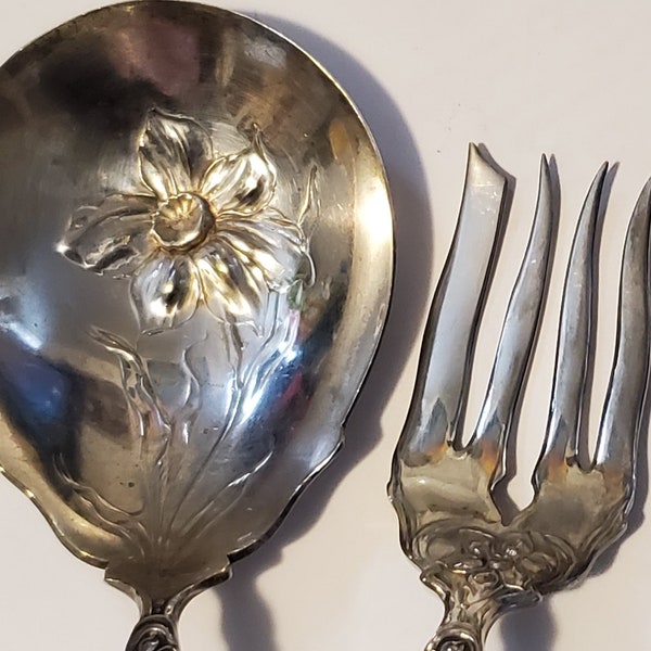 1908 Oxford Silverplate Narcissus Pattern Serving Spoon and Cold Meat Fork