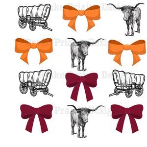 May include: A digital paper pack with images of a wagon, a longhorn steer, and a bow. The bows are in orange and burgundy.