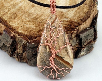 Teardrop Cabochon Picture Jasper Tree of Life Pendant Raw Copper