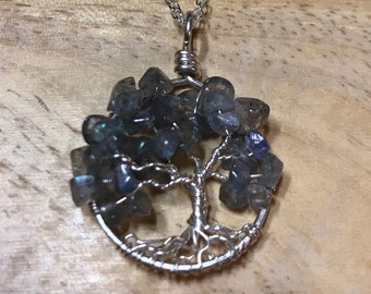 Petite Sterling Silver Tree of Life Pendant Labradorite Necklace On Sterling Chain Wire Wrapped Pendant Jewelry Twisted Tree