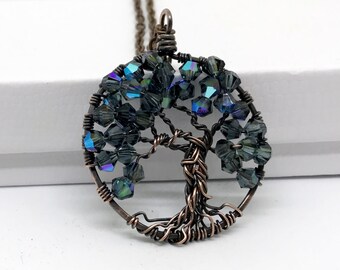 Aurora Borealis Tree Of Life Necklace Preciosa Crystals Jet AB Finish Pendant On Antique Copper Chain Wire Wrapped Twisted Tree