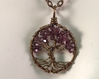 Crystal Tree of Life Pendant with Plum Crystals Tree of Life Necklace Wire Wrapped Trees