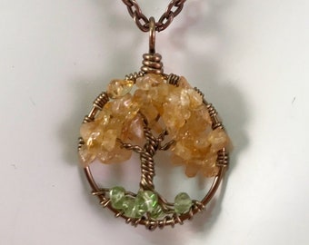 Tree Of Life Necklace with Citrine Leaves and Peridot Roots.
