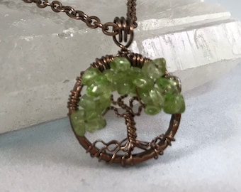 Tree Of Life Necklace Peridot Pendant Copper Chain and Wire Wrapped Tree Gemstone Jewelry August Birthstone Jewelry