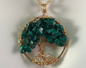Tree Of Life Necklace Malachite Pendant On 14K Gold Filled Chain Wire Wrapped