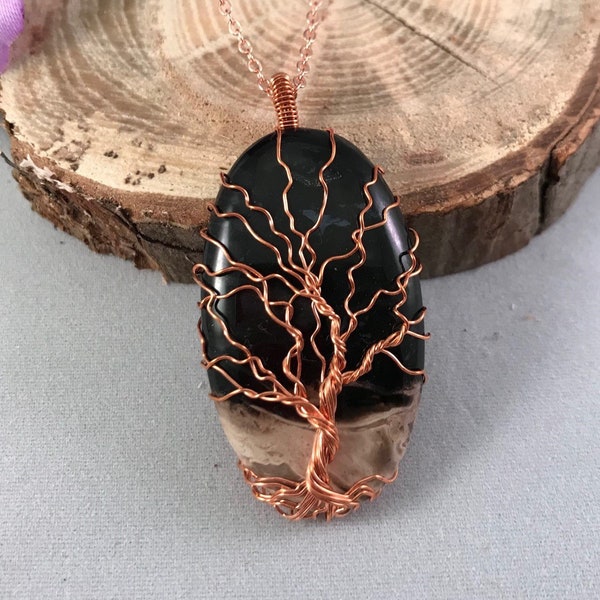 Palm Root Tree Of Life Minimalist Necklace Copper Swirl Pendant. Wire Wrapped Tree