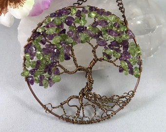 The Wisteria Tree of Life Sun Catcher with Deep Amethyst & Peridot Gemstone Chips