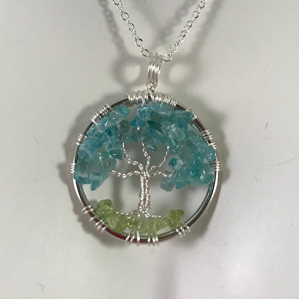 Tree Of Life Necklace Pendant with Apatite Chips in Branches and Periot Roots.