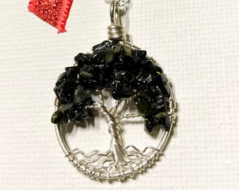 Sterling Silver Black Tourmaline Tree of Life on Sterling Chain. Wire Wrapped Pendant