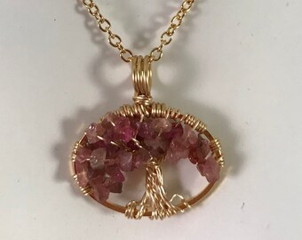 Pink Tourmaline Tree of Life Pendant in Gold Ring on a 14K GF Gold Chain. October Birthstone