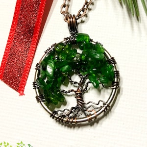 Minimalist Pendant Chrome Diopside Tree Of Life Necklace Gemstone Pendant on Copper Chain Brown Wire Wrapped Tree Gemstone image 1