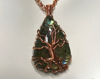 Blue Flash Labradorite Frameless Tree of Life Pendant Raw Copper Wire Wrapped Labradorite Cabochon with Satin Chain