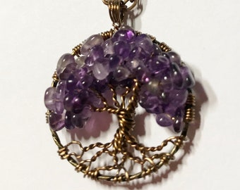 Amethyst Birthstone Copper Tree of Life Petite Birthstone Necklace On Copper Chain Wire Wrapped Pendant Birthstone Series