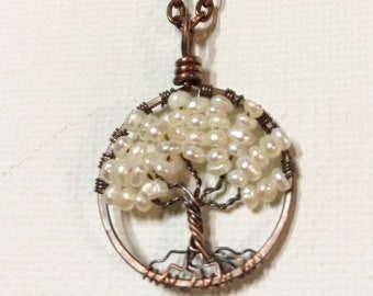 June Pearl Birthstone Copper Tree of Life Petite Birthstone Necklace On Copper Chain Wire Wrapped Pendant Birthstone Series