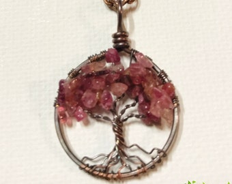 October Pink Tourmaline Birthstone Copper Tree of Life Birthstone Necklace On Copper Chain