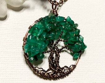Green Aventurine Tree of Life Necklace has a Antique Copper Trunk on Copper Chain.