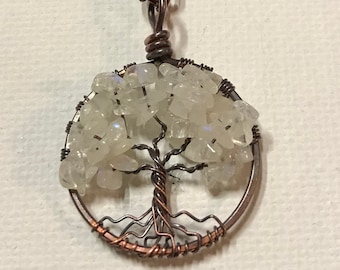 October Moonstone - Birthstone Copper Tree of Life Petite Birthstone Necklace On Copper Chain Wire Wrapped Pendant Birthstone Series