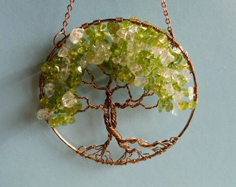 Peridot and Clear Quartz Tree of Life Sun Catcher with Deep Green Peridot and Sparkle Clear Quartz GarnetGemstone Chips