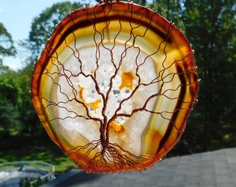Amber Agate Slice Sun Catcher with Wire Art Tree of Life