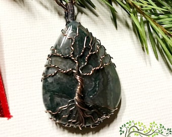 Dendrite Opal Tree of Life Pendant Copper Wire Wrapped Dendrite Opal Cabochon with Chain