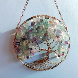 Florite Tree of Life Sun Catcher with Colorful Green Purple Teal Florite Gemstone Chips image 1