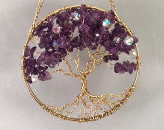 Tree Sun Catcher with Amethyst & Crystals on a Gold Ring