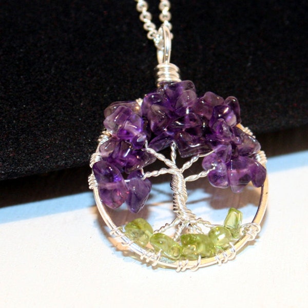 Sterling Silver Tree Of Life  Amethyst Tree and Peridot Roots Necklace On Sterling Chain