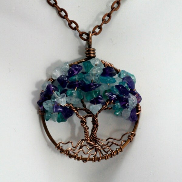 Aquamarine Apatite and Amethyst Tree of Life Pendant Pendant On Copper Ring and Chain Wire Wrapped Gemstone Jewelry