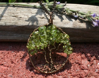 Twin Peridot Tree Of Life Necklace Sweetheart Pendant Brown Chain Brown Wire Wrapped Tree Gemstone August Birthstone