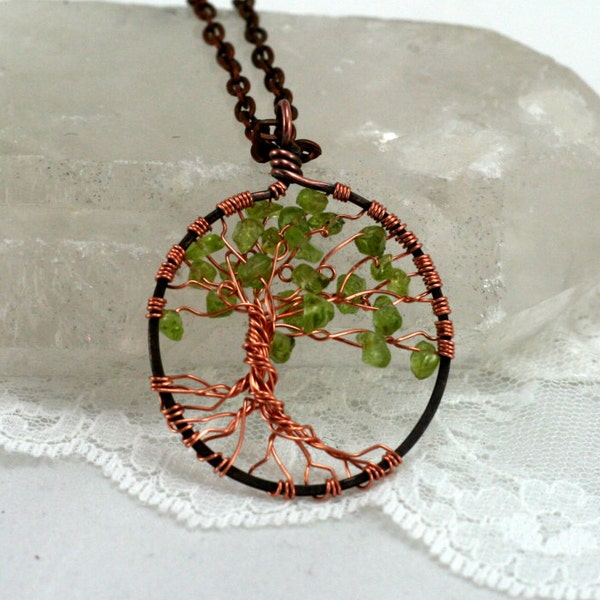Peridot Tree Of Life Necklace Pendant Raw Copper Tree with Chain Wire Wrapped Tree Precious Gemstone August Birthstone Jewelry
