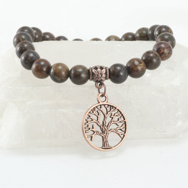 Natural Bronzite Jasper Gemstone Bracelet, Tree of Life Bracelet, Yoga Bracelet, Stackable Bracelet, Antique Copper Spacer Beads
