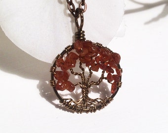 Crimson Bloom Tree Of Life Necklace Hessonite Garnet Pendant Minimalist Jewelry Copper Chain Copper Wire Wrapped Tree Gemstone Jewelry