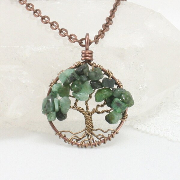 Emerald Green Minimalist Tree Of Life Necklace Pendant Dark Brown Trunk On Antique Copper Chain Wire Wrapped Semi Precious Gemstone Jewelry