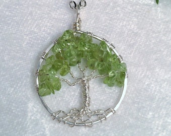 Sterling Silver Peridot Petite Tree Of Life Necklace On Chain Wire Wrapped Pendant Semi Precious Gemstone Jewelry August Birthstone