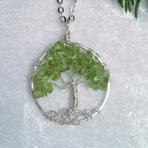 Sterling Silver Peridot Petite Tree Of Life Necklace On Chain Wire Wrapped Pendant Semi Precious Gemstone Jewelry August Birthstone