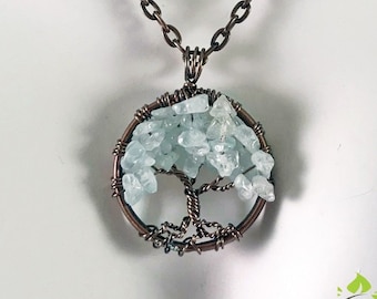 Aquamarine Tree of Life Pendant. Minimalist Jewelry Pendant On Antique Copper Chain Wire Wrapped Semi Precious Gemstone Jewelry