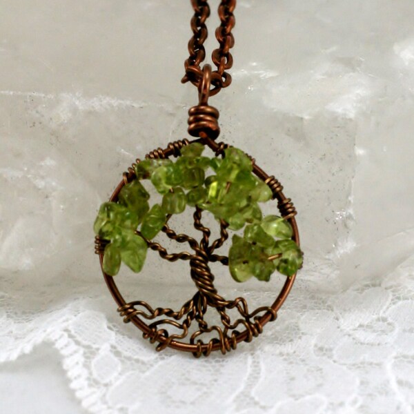 Petite Tree Of Life Necklace Peridot Pendant Brown Chain Wire Wrapped Tree Precious Gemstone August Birthstone Jewelry