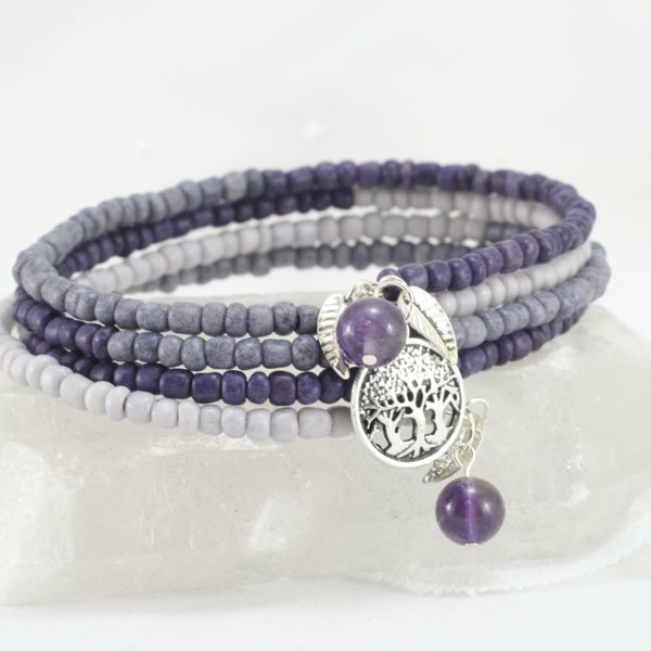Tree of Life Amethyst Memory Wire Stackable Bracelet, Natural Amethyst Gemstone Beads, Stackable Bracelet, Purple Seed Beads