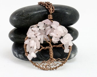 Blushing Bloom Rose Quartz Tree Of Life Necklace Pendant On Brown Chain Wire Wrapped Wedding Jewelry