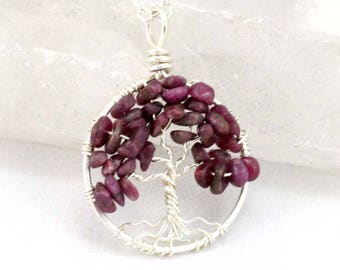 Ruby Tree Of Life Pendant for July Birthday on Sterling Chain