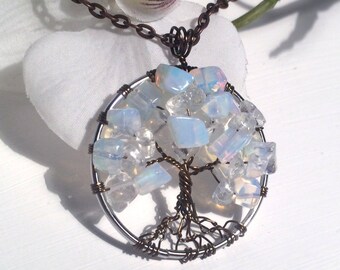 Tree Of Life Necklace Opalite Pendant On Silver Chain Wire Wrapped Milky Semi Precious Gemstone Jewelry