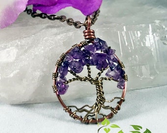 Amethyst Tree Of Life Necklace, Minimalist Necklace Pendant Style.  Copper Wire Wrapped Tree with February Birthstone Gemstone