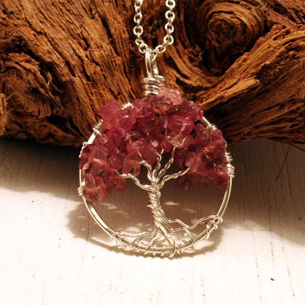 Pink Tourmaline Tree of Life Pendant in Sterling Silver on a Sterling Chain. October Birthstone