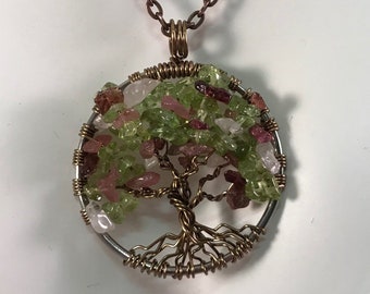 Tree Of Life Necklace Pink Tourmaline, Rose Quartz and Peridot Pendant On Antique Copper Chain Wire Wrapped Gemstone Twisted Tree