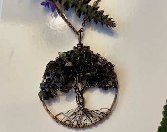 Black Tourmaline Copper Tree of Life Birthstone Necklace On Copper Chain Wire Wrapped Pendant Gemstone Jewelry