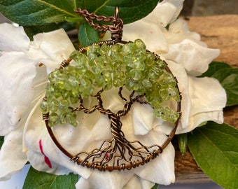 Peridot Tree Of Life Necklace Green Peridot Pendant Antique Copper Full Trunk Brown Chain Semi Precious Gemstone Jewelry August Birthstone