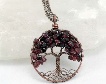 Tree Of Life Necklace Burgandy Garnet Pendant Dark Brown Trunk On Chain