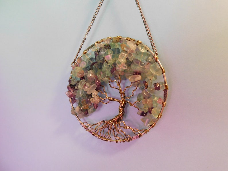 Florite Tree of Life Sun Catcher with Colorful Green Purple Teal Florite Gemstone Chips image 2